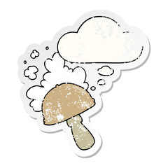 cartoon mushroom with spore cloud and thought bubble as a distressed worn sticker