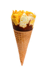 mango and chocolate flavor ice cream cone on white with clipping path