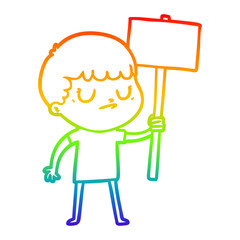 rainbow gradient line drawing cartoon grumpy boy with placard