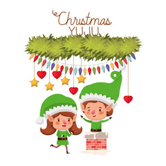 elves couple with fireplace and merry christmas avatar character