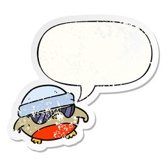 cool christmas robin cartoon and sunglasses and speech bubble distressed sticker