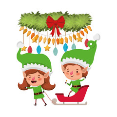elves couple with reindeer and garland with christmas balls