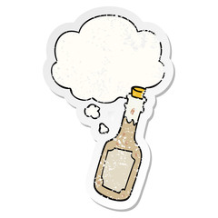 cartoon beer bottle and thought bubble as a distressed worn sticker