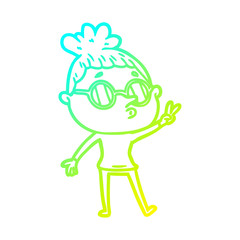 cold gradient line drawing cartoon woman wearing glasses