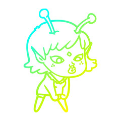 cold gradient line drawing pretty cartoon alien girl