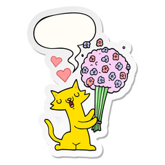 cartoon cat in love and flowers and speech bubble sticker