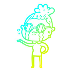 cold gradient line drawing cartoon crying woman wearing spectacles