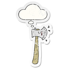 cartoon axe and thought bubble as a distressed worn sticker