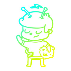 cold gradient line drawing friendly cartoon spaceman holding meteor