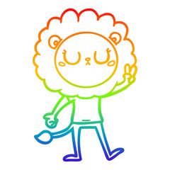 rainbow gradient line drawing cartoon lion giving peac sign