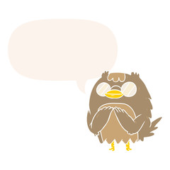 cute cartoon wise old owl and speech bubble in retro style