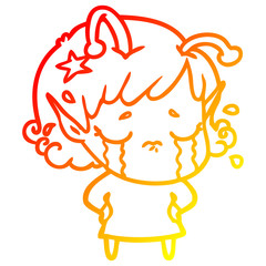 warm gradient line drawing cartoon crying alien girl