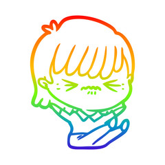 rainbow gradient line drawing annoyed cartoon girl falling over
