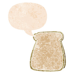 cartoon slice of bread and speech bubble in retro textured style