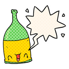 cartoon wine bottle and speech bubble in comic book style
