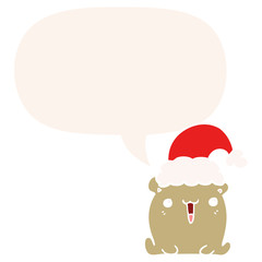 cute cartoon bear and christmas hat and speech bubble in retro style