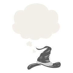 cartoon wizards hat and thought bubble in retro style