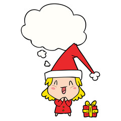 cartoon girl wearing christmas hat and thought bubble
