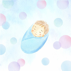眠っているあかちゃん　水彩イラスト