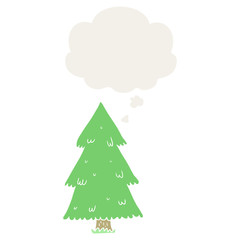 cartoon christmas tree and thought bubble in retro style