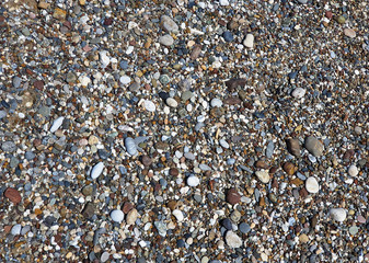 Multi-colored large sea pebbles of various shapes on the sandy shore of the Mediterranean sea for background
