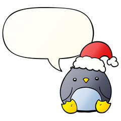 cute cartoon penguin wearing christmas hat and speech bubble in smooth gradient style