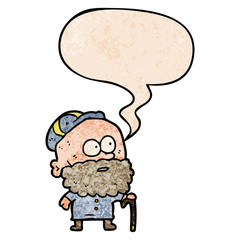 old cartoon man and walking stick and flat cap and speech bubble in retro texture style