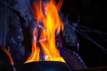Blaze fire frames in the pot with blur background.