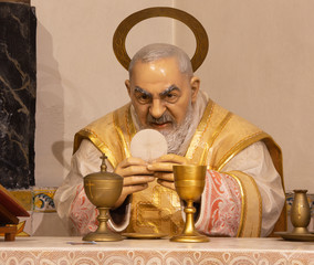 PALMA DE MALLORCA, SPAIN - JANUARY 29, 2019: The carved polychrome statue of  Padre Pio of...