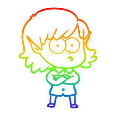 rainbow gradient line drawing cartoon elf girl staring