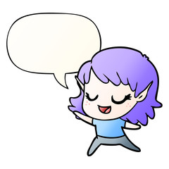 carton happy elf girl dancing and speech bubble in smooth gradient style