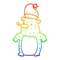 rainbow gradient line drawing cartoon bear wearing christmas hat