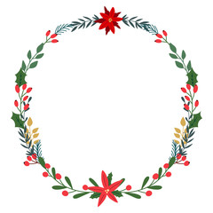Fototapeta na wymiar Vector Christmas wreath with poinsettia, pine cones, mistletoe and leaves..