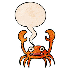 cartoon crab and speech bubble in retro texture style