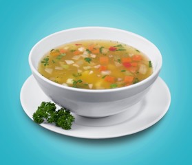 Bowl of delicious vegetables soup on  table