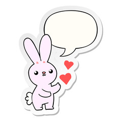 cute cartoon rabbit and love hearts and speech bubble sticker