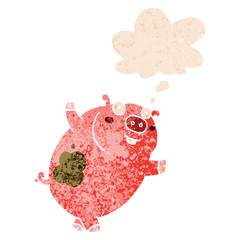funny cartoon pig and thought bubble in retro textured style
