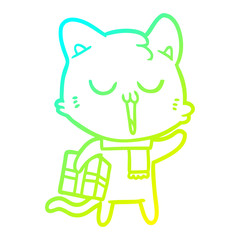cold gradient line drawing cartoon cat with gift