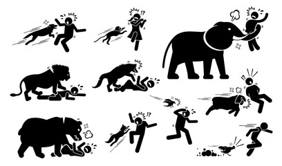 Animals attack human icons signs symbol. Illustrations depict angry and violent dog, monkey, elephant, lion, wolf, bear, fox, bird, sheep, and chicken attack people when the animals felt threatened.