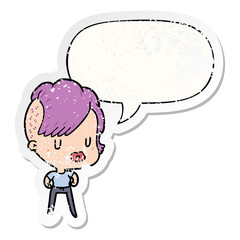 cartoon girl and punk hipster haircut and speech bubble distressed sticker