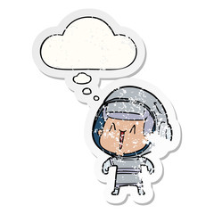 cartoon astronaut man and thought bubble as a distressed worn sticker