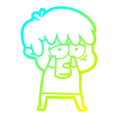 cold gradient line drawing cartoon exhausted boy