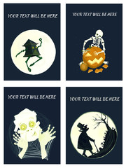 Set of hand drawn halloween cards with pumpkin, skillet, zombie, moon, vampire