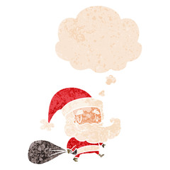 cartoon santa claus with sack and thought bubble in retro textured style