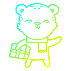cold gradient line drawing happy cartoon bear with present