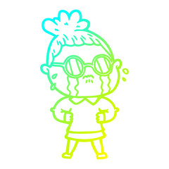 cold gradient line drawing cartoon crying woman wearing spectacles