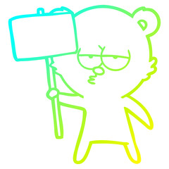 cold gradient line drawing bored polar bear cartoon with sign