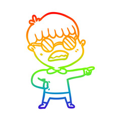 rainbow gradient line drawing cartoon pointing boy wearing spectacles