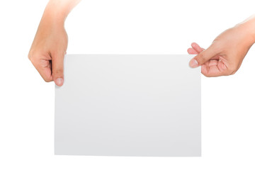 Human's hand showing a blank paper.