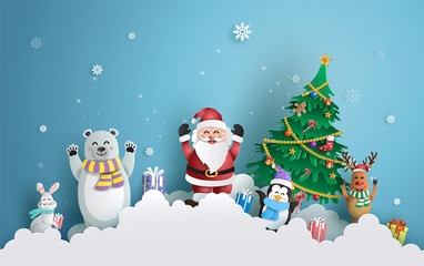 Paper art style of Santa Claus and friends with Christmas tree and snowflake background, Merry Christmas and Happy New Year concept.